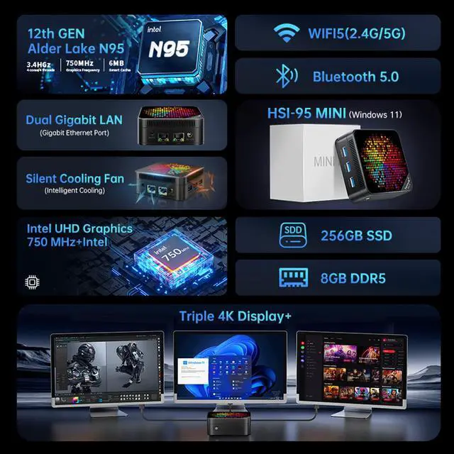 Alt view image 3 of 5 - TUREWELL HSI Mini PC, Alder Lake N95 - Quad-Core 3.4GHz, 8GB DDR5 256GB SSD Mini Desktop Computer, WiFi 5/BT5.0/USB3.0/Gigabit Ethernet, Triple 4K Display Micro Computer for Home Office