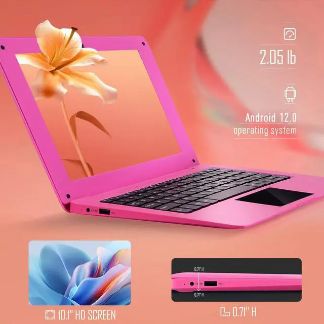 Alt view image 2 of 5 - G-Anica Android 12.0 Laptop 10.1 Inch Notebook Slim and Lightweight Mini Netbook Computer with Bluetooth WiFi Webcam, and Laptop Bag,Mouse, Mouse PadMini Laptop for Kids and AdultsPink