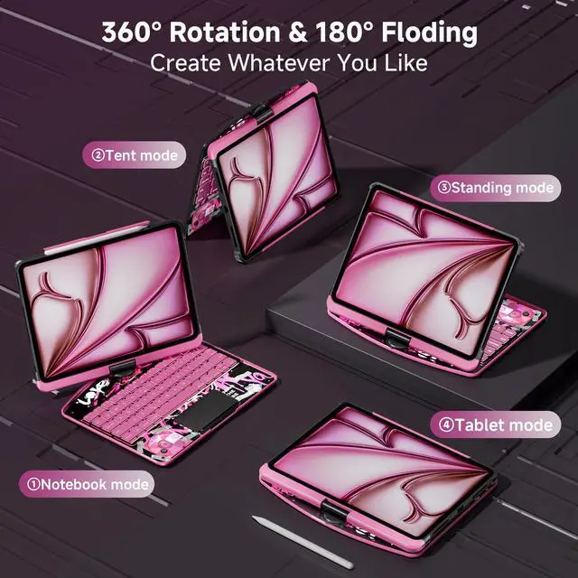 Alt view image 3 of 5 - Uminy iPad Keyboard Case for 2024 M4 iPad Pro 13 inch, Magic Wireless Keyboard with Trackpad 7 Color Backlit, 360° Rotating Stand Transparent Protective Cover with Pencil Holder (Pink)