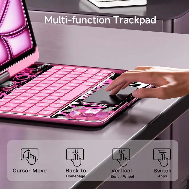 Alt view image 4 of 5 - Uminy iPad Keyboard Case for 2024 M4 iPad Pro 13 inch, Magic Wireless Keyboard with Trackpad 7 Color Backlit, 360° Rotating Stand Transparent Protective Cover with Pencil Holder (Pink)