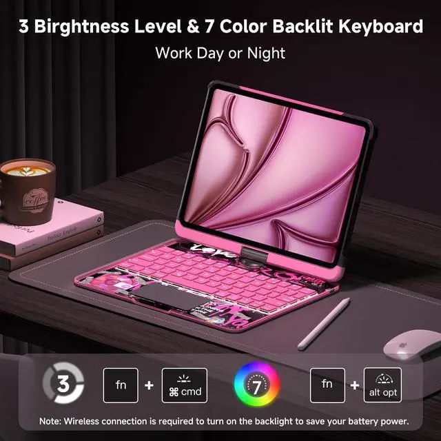Alt view image 5 of 5 - Uminy iPad Keyboard Case for 2024 M4 iPad Pro 13 inch, Magic Wireless Keyboard with Trackpad 7 Color Backlit, 360° Rotating Stand Transparent Protective Cover with Pencil Holder (Pink)