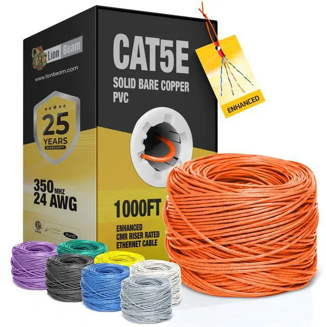 Main image of LION BEAM Cat5e Ethernet Cable 1000FT Pull-Box, 24AWG, CMR Insulated Solid Bare Copper Internet Cable 350 MHz, Provides High-Speed 1-5Gbps, UTP Bulk Ethernet Riser Wire with Smooth Fast Reel, Orange