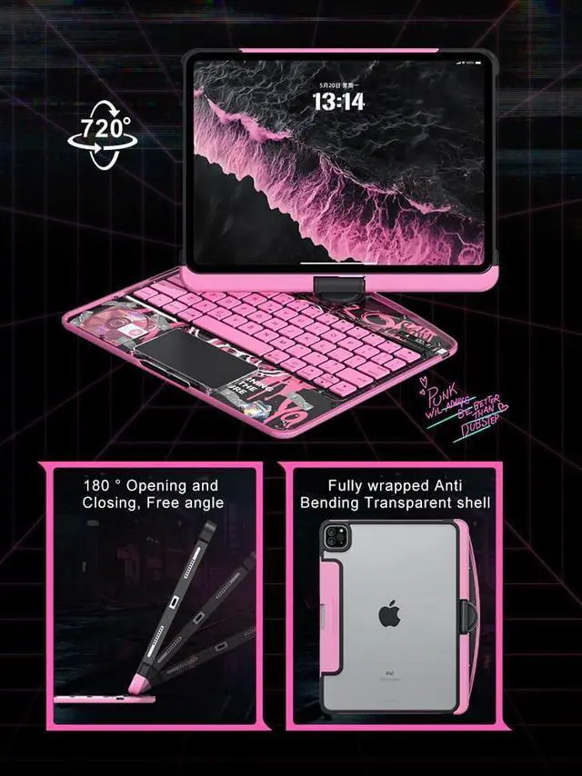 Alt view image 3 of 5 - Transparent 360 for iPad Keyboard case with Wireless Keyboard for iPad Air 13 inch(M3/M2, 2025/2024), Trackpad, 7 Color Backlight, 360° Rotating Stand for iPad Pro 12.9" 2018-2022(6/5/4/3 Gen)