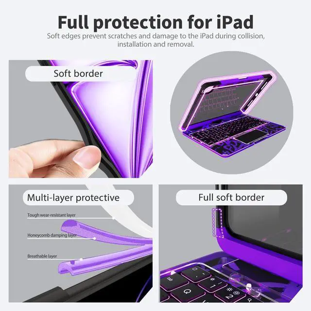Alt view image 5 of 5 - MAYDORHER for iPad Pro 13 Inch Case with Keyboard, 360 Rotating for iPad Pro M4 Magic Keyboard with Cyberpunk High-tech Style, Pressure Reduction Sound Effect, 7 Colors Backlight, Transparent Black