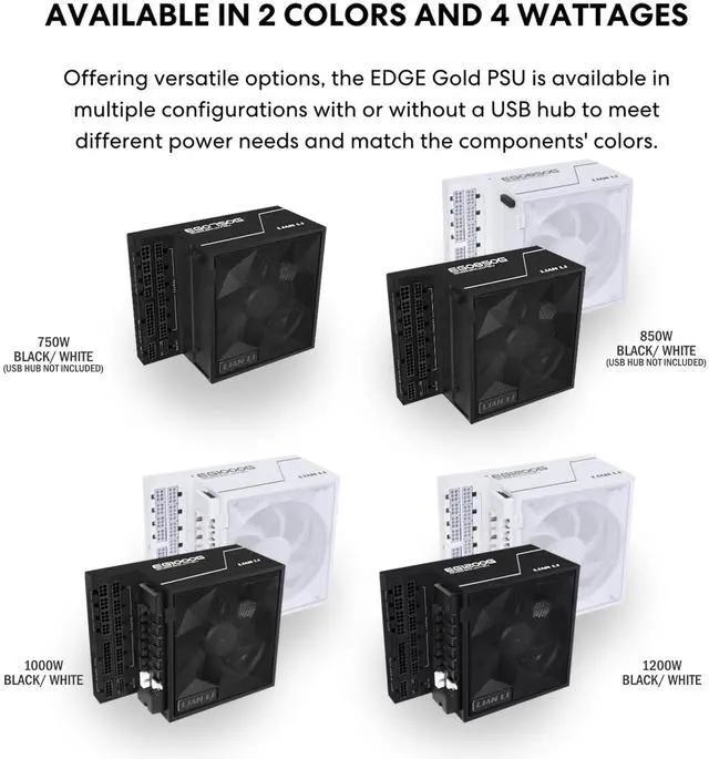 Alt view image 2 of 5 - Lian Li Edge Serie - 1000W Full Modular Power Supply (Fan USB Hub Included) - Gold - ATX 3.1 - PCIE 5.1 Support - 12V-2x6 Connector - L-Shape Design for Dual Chamber Case - White (EG1000G.WH)