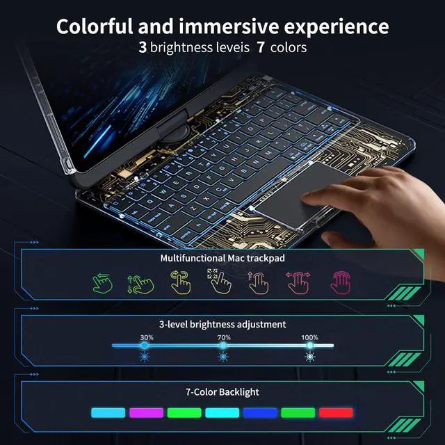 Alt view image 5 of 5 - molosicars Case with Keyboard for iPad Pro 11-inch 2024 (M4),7-Color Backlit Wireless, Pencil Holder, 360 Rotating Stand, Futuristic Tech Design Transparent Black