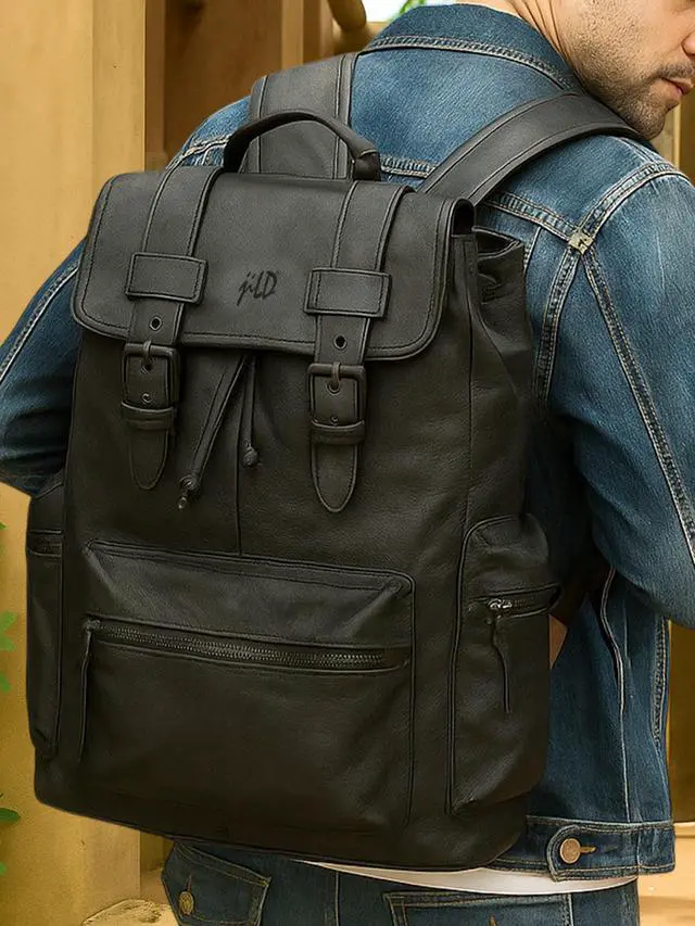 Alt view image 3 of 5 - Jild Genuine Leather Backpack for Women or Men Carry-On Travel Backpack Shoulder Hiking Camping Vintage Leather Laptop Bag (Black)