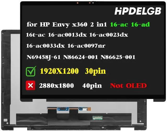 Main image of Replacement for HP Envy x360 2-in-1 16-ac 16-ad 16t-ac 16-ad0xxx 16-acxx 16-ad0013dx 16-ac0023dx 16-ad0023DX 16-ac0033dx 16-ac0097nr N69458-J61 N86624-001 N86625-001 LCD Touch Screen Display Assembly