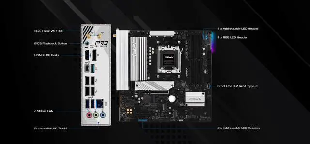 Alt view image 3 of 5 - ASRock AMD B850M Pro RS WiFi 6E Socket AM5 Ryzen 9000, 8000 and 7000 Series DDR5 B850 up to 8000+ (OC) MHz 256GB Micro ATX Motherboard M.2 SATA3 6.0 Gb/s PCIe 5.0 Realtek 2.5G LAN BIOS Flashback