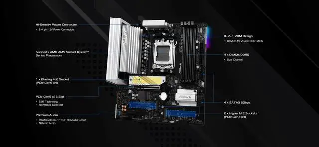 Alt view image 5 of 5 - ASRock AMD B850M Pro RS WiFi 6E Socket AM5 Ryzen 9000, 8000 and 7000 Series DDR5 B850 up to 8000+ (OC) MHz 256GB Micro ATX Motherboard M.2 SATA3 6.0 Gb/s PCIe 5.0 Realtek 2.5G LAN BIOS Flashback