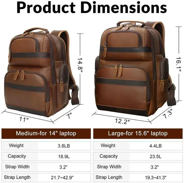 Alt view image 4 of 5 - TIDING Genuine Leather Backpack for Men and Women Vintage 14" Laptop Backpack Work Business Daypacks(Brown)