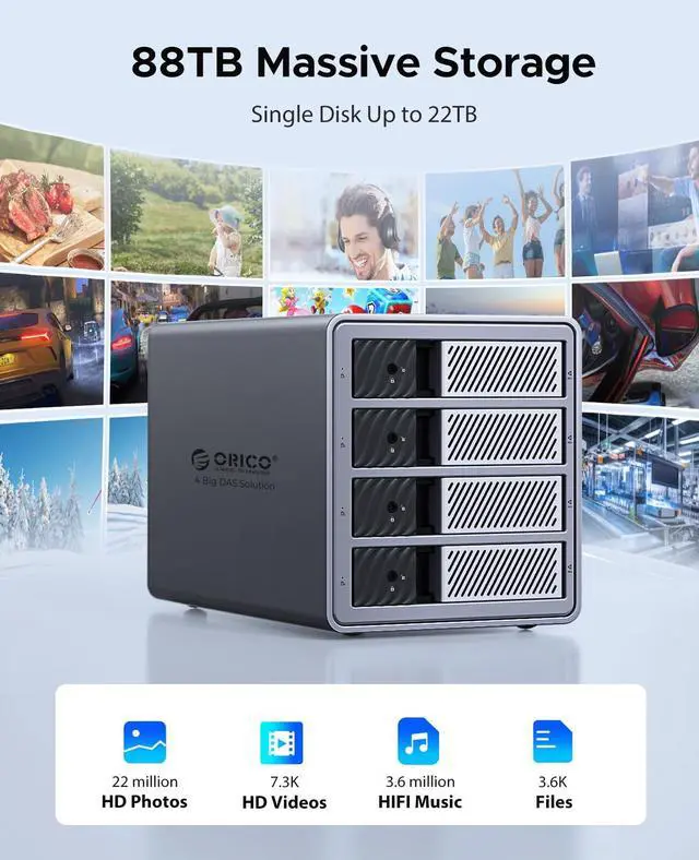Alt view image 2 of 5 - ORICO USB 3.0 Hard Drive Enclosure 4 Bay External Direct Attached Storage Max up to 88TB with Tray Lessing and Safety Lock for 3.5 inch SSDs HDDs ( Alluminum Alloy) -9848U3
