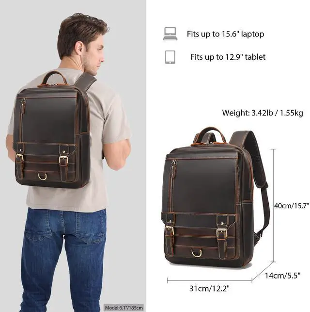 Alt view image 2 of 5 - LANNSYNE Vintage Genuine Leather Backpack For Men Fits up to 16" Laptop Travel Hiking Rucksack