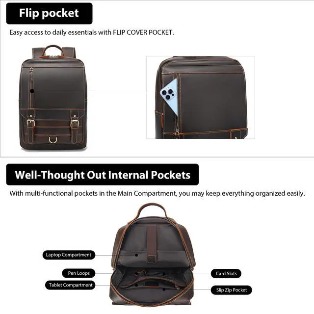 Alt view image 4 of 5 - LANNSYNE Vintage Genuine Leather Backpack For Men Fits up to 16" Laptop Travel Hiking Rucksack