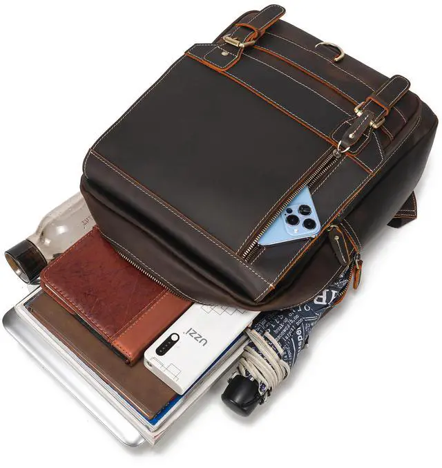 Alt view image 3 of 5 - LANNSYNE Vintage Genuine Leather Backpack For Men Fits up to 16" Laptop Travel Hiking Rucksack