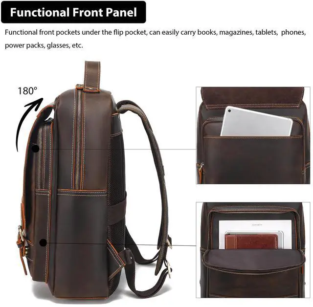 Alt view image 5 of 5 - LANNSYNE Vintage Genuine Leather Backpack For Men Fits up to 16" Laptop Travel Hiking Rucksack