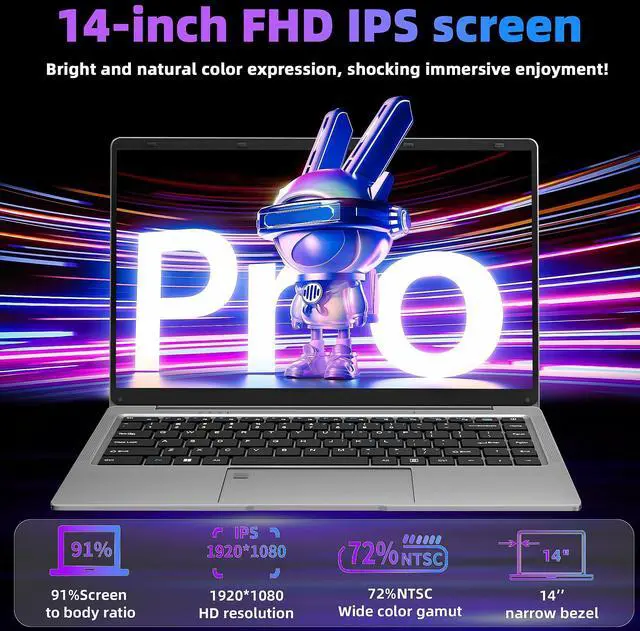 Alt view image 3 of 5 - Rumtuk 14" Ultra-Thin Laptop - Win 11 Pro + Office 2019, FHD IPS, in tel Celeron J4105, 6GB RAM, 128GB SSD, 180° Hinge/HDMI/WiFi/BT, Lightweight & Portable, Perfect for Work, Study, Travel,Gray
