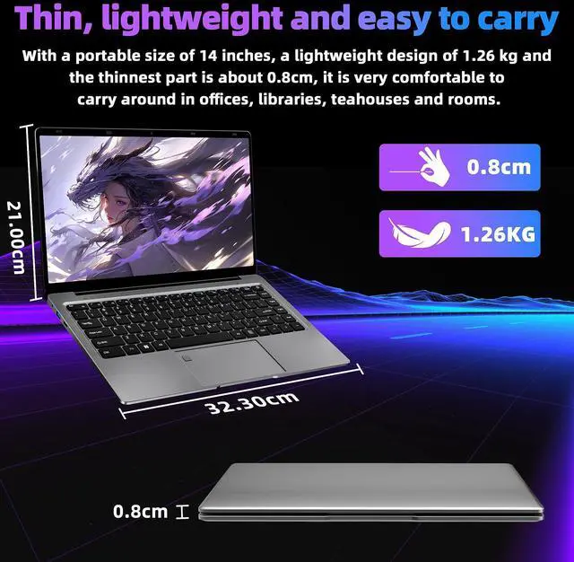 Alt view image 4 of 5 - Rumtuk 14" Ultra-Thin Laptop - Win 11 Pro + Office 2019, FHD IPS, in tel Celeron J4105, 6GB RAM, 128GB SSD, 180° Hinge/HDMI/WiFi/BT, Lightweight & Portable, Perfect for Work, Study, Travel,Gray