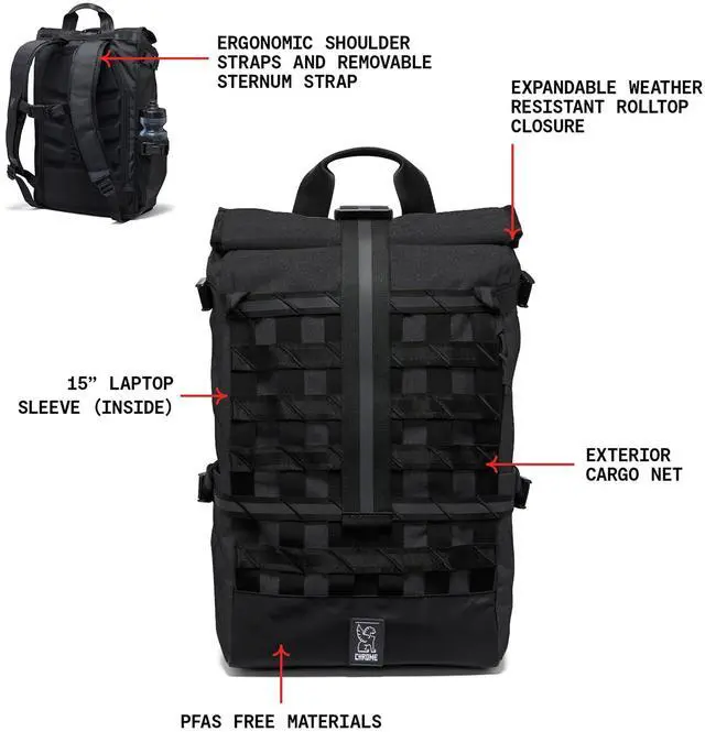 Alt view image 2 of 5 - Chrome Industries Barrage 22L Black Roll-Top Backpack  Water Resistant Bag for Work, School, Travel  Features Cargo Net & Laptop Pocket