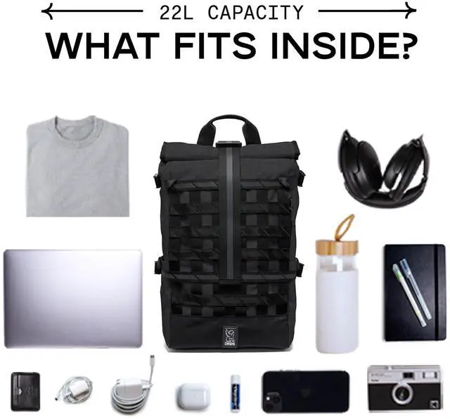 Alt view image 3 of 5 - Chrome Industries Barrage 22L Black Roll-Top Backpack  Water Resistant Bag for Work, School, Travel  Features Cargo Net & Laptop Pocket