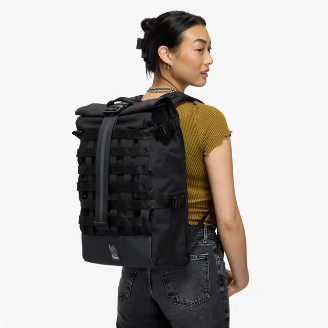 Alt view image 4 of 5 - Chrome Industries Barrage 22L Black Roll-Top Backpack  Water Resistant Bag for Work, School, Travel  Features Cargo Net & Laptop Pocket