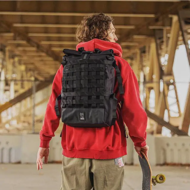 Alt view image 5 of 5 - Chrome Industries Barrage 22L Black Roll-Top Backpack  Water Resistant Bag for Work, School, Travel  Features Cargo Net & Laptop Pocket
