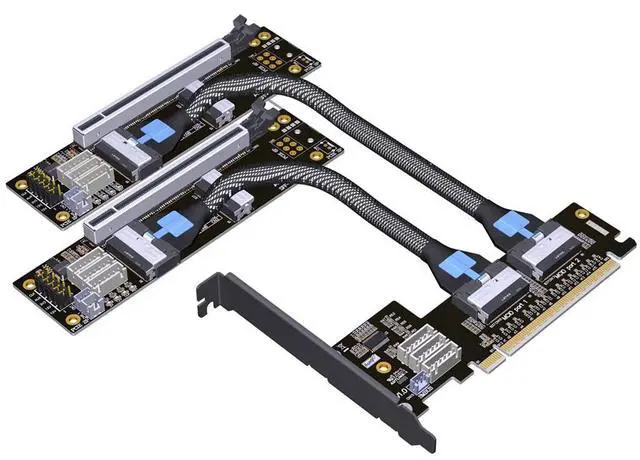 JMT ADT-F36B-F37B-D8S PCI-e 4.0 X16 to X8 X8 MCIO Bifurcation Adapter Riser Card 256G/bps Split Extender SFF-TA-1016 with Power Cable (100cm)