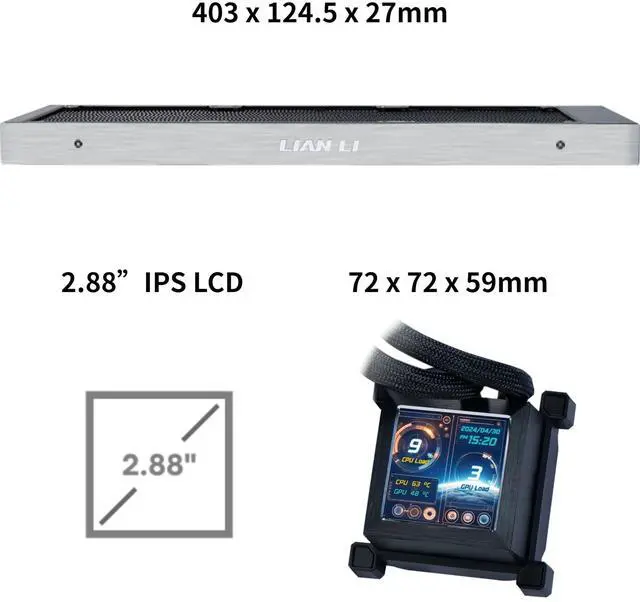 Alt view image 3 of 5 - Lian Li Hydroshift LCD 360 Liquid Cooler - Flexible Side-Mounted Coolant Pathway, 2.88 LCD Screen - 480 x 480 Res. - Captured Screenshots or Recorded Videos - Fits Most PC Fans - Black (HSLCD36NB)