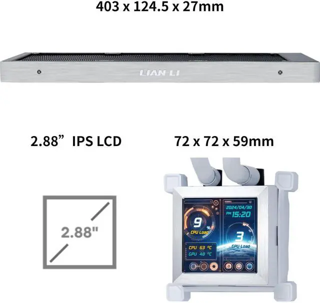 Alt view image 3 of 5 - Lian Li Hydroshift LCD 360 Liquid Cooler - Flexible Side-Mounted Coolant Pathway, 2.88 LCD Screen - 480 x 480 Res. - Captured Screenshots or Recorded Videos - Fits Most PC Fans - White (HSLCD36NW)