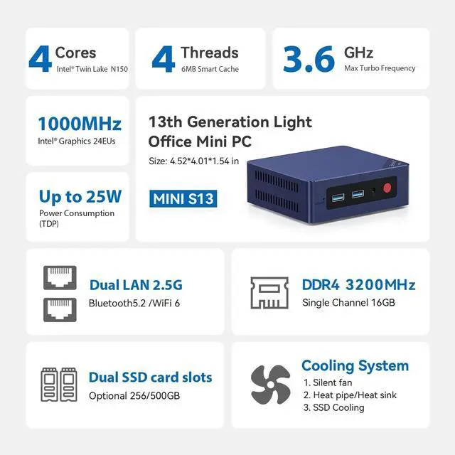 Alt view image 5 of 5 - Beelink MINIS13 PRO Mini PC with Processor N150,16G DDR4 500G SSD Mini Desktop Computer, WiFi6, 2.5G LAN, BT5.2 Dual HDMI Business Mini Computer