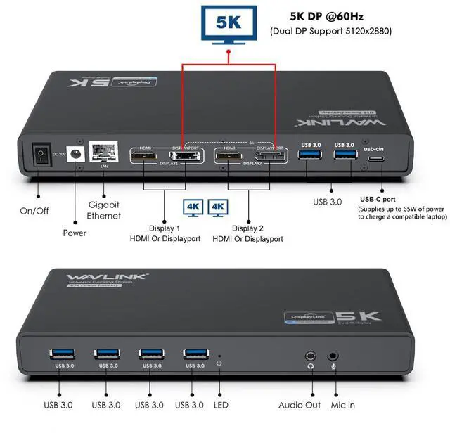 Alt view image 3 of 5 - WAVLINK Universal Laptop Docking Station Dual Monitor with 65W Power Delivery for Windows Mac M1/M2, Displaylink Dock, USB C/A to Dual HDMI/DisplayPort Adapter, Gigabit Ethernet, 6 USB 3.0, Audio/Mic