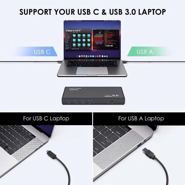 Alt view image 4 of 5 - WAVLINK Universal Laptop Docking Station Dual Monitor with 65W Power Delivery for Windows Mac M1/M2, Displaylink Dock, USB C/A to Dual HDMI/DisplayPort Adapter, Gigabit Ethernet, 6 USB 3.0, Audio/Mic