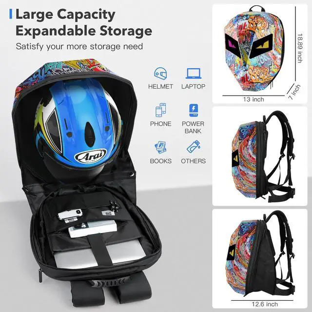 Alt view image 3 of 5 - DABASHAN Motorcycle Backpacks for Men, LED Motorcycle Backpack With Full Color Screen, Large Capacity Laptop Backpack, Hard Shell Waterproof Helmet Bag (Graffiti)