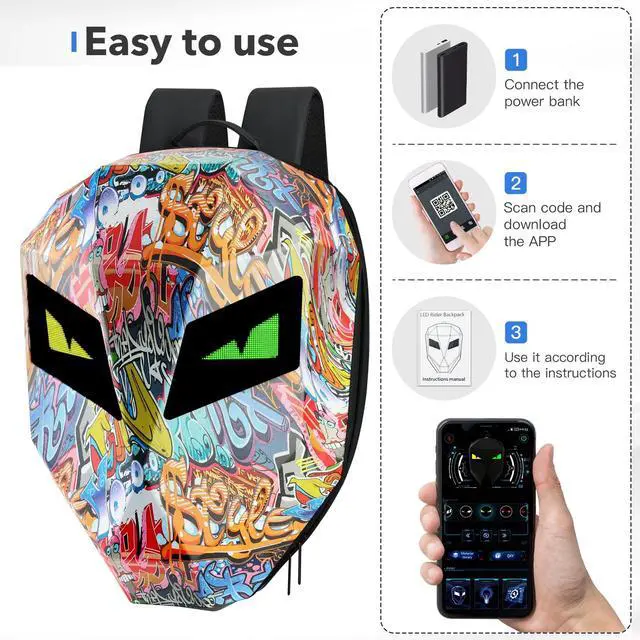 Alt view image 5 of 5 - DABASHAN Motorcycle Backpacks for Men, LED Motorcycle Backpack With Full Color Screen, Large Capacity Laptop Backpack, Hard Shell Waterproof Helmet Bag (Graffiti)