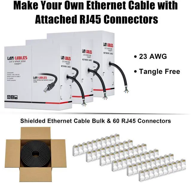 Alt view image 5 of 5 - MEIPEK Cat 6 Ethernet Cable 1000ft Outdoor (60 RJ45), FTP Shielded Cat 6 Ethernet Cable Bulk, 23AWG, Heavy Duty, Direct Burial, Waterproof, UV Resistant, Cat6 1000ft for Router, PC, Gaming, CCA