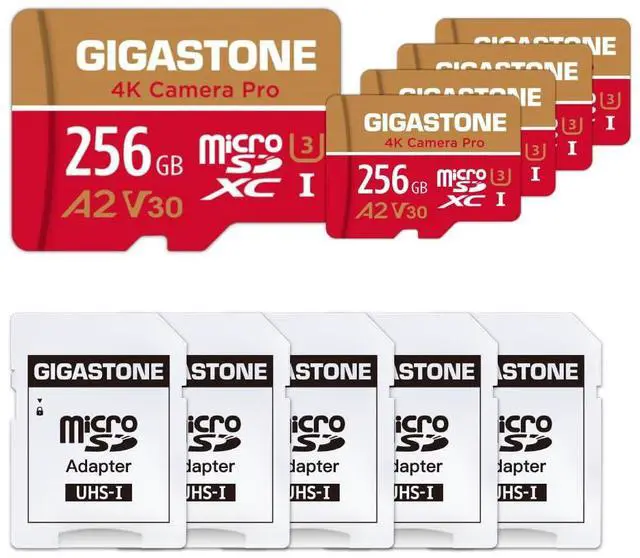 Main image of [5-Yrs Free Data Recovery] Gigastone 256GB MicroSD Card 5-Pack, 4K Camera Pro, A2 V30 for Smartphone, Gopro, ActionCams, 4K UHD Video, Nintendo-Switch, Up to 100MB/s, UHS-I U3 C10 with Adapters