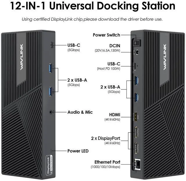Alt view image 2 of 5 - USB C Docking Station 3 Monitors with 130W Power Delivery, 12-in-1 DisplayLink Dock with Triple Monitors (2*DP, HDMI, 4*Type-A, Type-C, RJ45, Mic/Audio) for Mac Windows