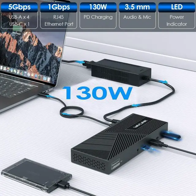 Alt view image 5 of 5 - USB C Docking Station 3 Monitors with 130W Power Delivery, 12-in-1 DisplayLink Dock with Triple Monitors (2*DP, HDMI, 4*Type-A, Type-C, RJ45, Mic/Audio) for Mac Windows