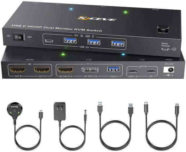 Main image of KCEVE KVM Switch 2 Monitors 2 Computers USB C HDMI DP, KVM Switch Dual Monitor for Laptop & Desktop, USB 3.0 MST Dual HDMI 4K@60Hz, PD 60W for Laptop, with Wired Remote