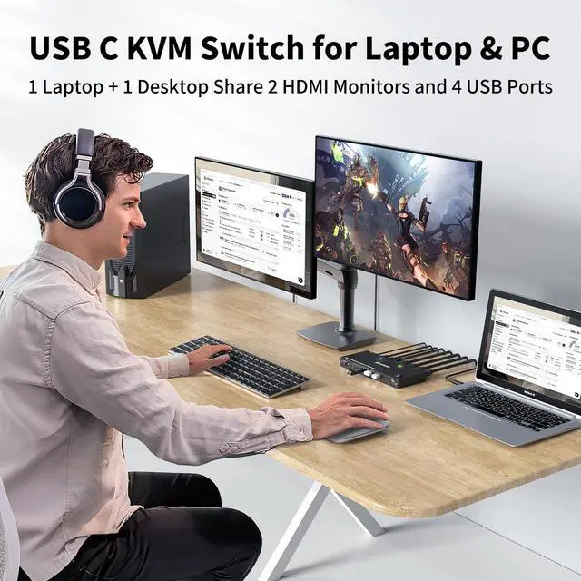 Alt view image 2 of 5 - KCEVE KVM Switch 2 Monitors 2 Computers USB C HDMI DP, KVM Switch Dual Monitor for Laptop & Desktop, USB 3.0 MST Dual HDMI 4K@60Hz, PD 60W for Laptop, with Wired Remote