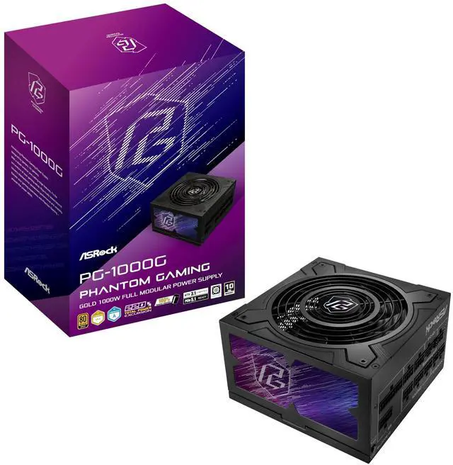 Main image of ASRock Phantom Gaming PG-1000G 1000W Power Supply Individual Braided Pattern 10 Years Warranty Enthusiast Gamers Fully Modular Japanese Capacitor 80 Plus Gold Cybenetics ATX3.1 PCIe5.1 12V-2x6 Cable