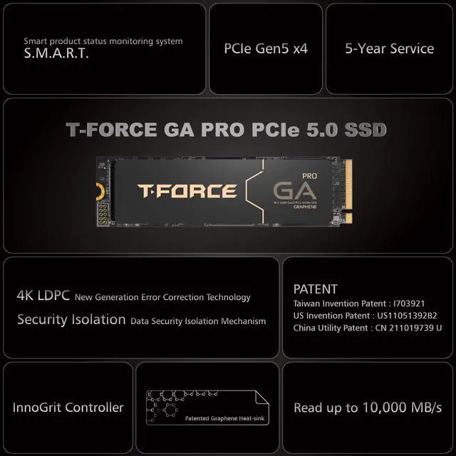 Alt view image 5 of 5 - TEAMGROUP T-Force GA PRO 2TB SSD Graphene Heatsink DRAM SLC Cache 3D TLC NAND NVMe InnoGrit PCIe Gen5x4 M.2 Read/Write 10,000/8,500 MB/s TM8FFJ002T0C129