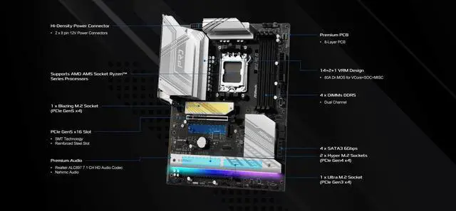 Alt view image 4 of 5 - ASRock AMD AM5 B850 Pro RS Motherboard, AMD Ryzen 9000/8000/7000 Series, 4X DDR5 Slots up to 8000MHz, 24-Pin Power Connection, ATX, 21x USB Ports, PCIe 5.0