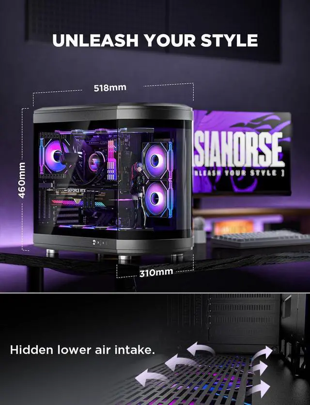 Alt view image 4 of 5 - AsiaHorse Perseus ATX PC Case Dual Chamber 180° Full View Tempered Glass Gaming PC Case with Type-C Port, 360mm Radiator Support,RTX 50 Compatible, High Airflow Mid-Tower ATX Case.