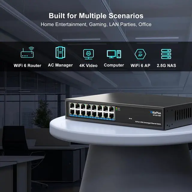 Alt view image 3 of 5 - 16 Ports 2.5Gb Unmanaged Ethernet Switch, 16*2.5G Base-T Ports. GiGaPlus 2.5Gbps Network Switch for 2.5Gbps NAS/PC, Wireless AP, WiFi6 Router. Plug and Play, Fanless Design.