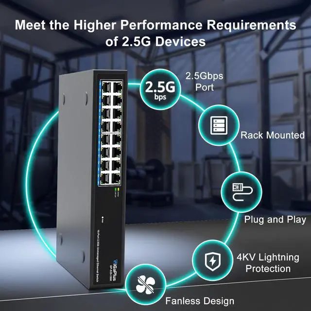 Alt view image 4 of 5 - 16 Ports 2.5Gb Unmanaged Ethernet Switch, 16*2.5G Base-T Ports. GiGaPlus 2.5Gbps Network Switch for 2.5Gbps NAS/PC, Wireless AP, WiFi6 Router. Plug and Play, Fanless Design.