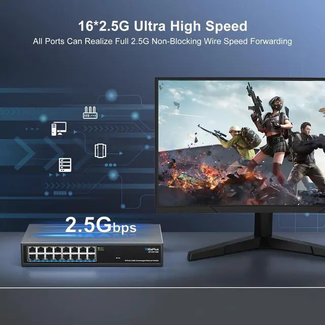 Alt view image 5 of 5 - 16 Ports 2.5Gb Unmanaged Ethernet Switch, 16*2.5G Base-T Ports. GiGaPlus 2.5Gbps Network Switch for 2.5Gbps NAS/PC, Wireless AP, WiFi6 Router. Plug and Play, Fanless Design.