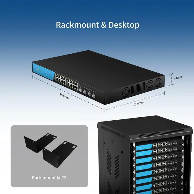 Alt view image 5 of 5 - keepLiNK 16 Port 2.5G Network Ethernet Switch, 16 x 2.5Gb RJ45 Ports, 4 x 10G SFP Slots, 240Gbps Switching Capacity, Desktop or Rack Mount/Metal Case/Fan Cooling/Plug and Play Unmanaged