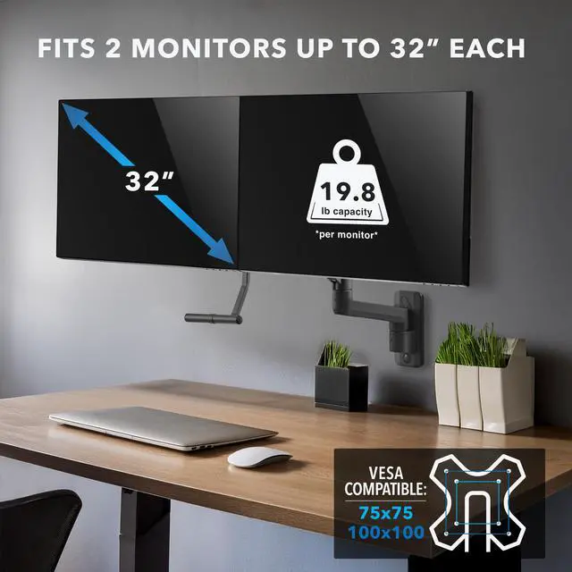 Alt view image 3 of 5 - Mount-It! Heavy Duty Dual Monitor Wall Mount, Two Computer Display Wall Bracket with Rail, Fits Up to 32" Screens, 19.8 Lbs Capacity Per Screen