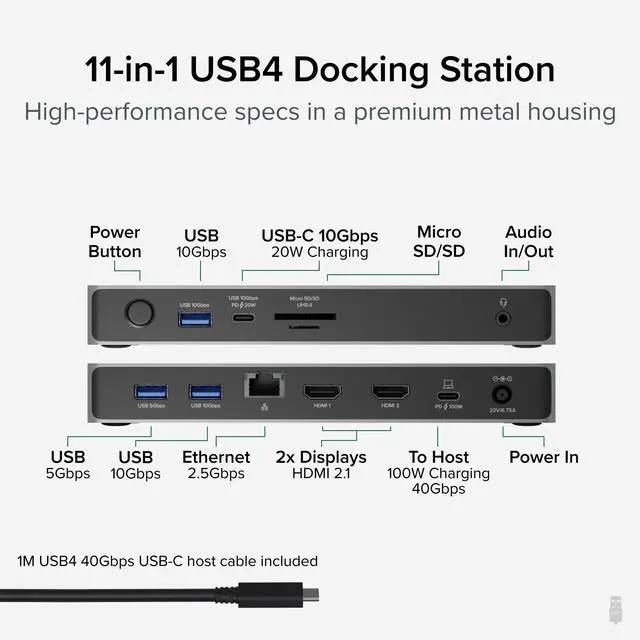Alt view image 2 of 5 - Plugable USB C Docking Station Dual Monitor, 11-in-1, USB4 40G 100W Laptop Charging Dock for Windows and Thunderbolt, 4K HDMI 2.1 upto 120Hz, 2.5Gbps Ethernet, SD Reader, 20W USB-C Charging Driverless